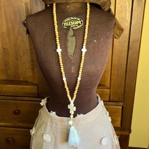 24” Boho wooden bead and stone cross necklace